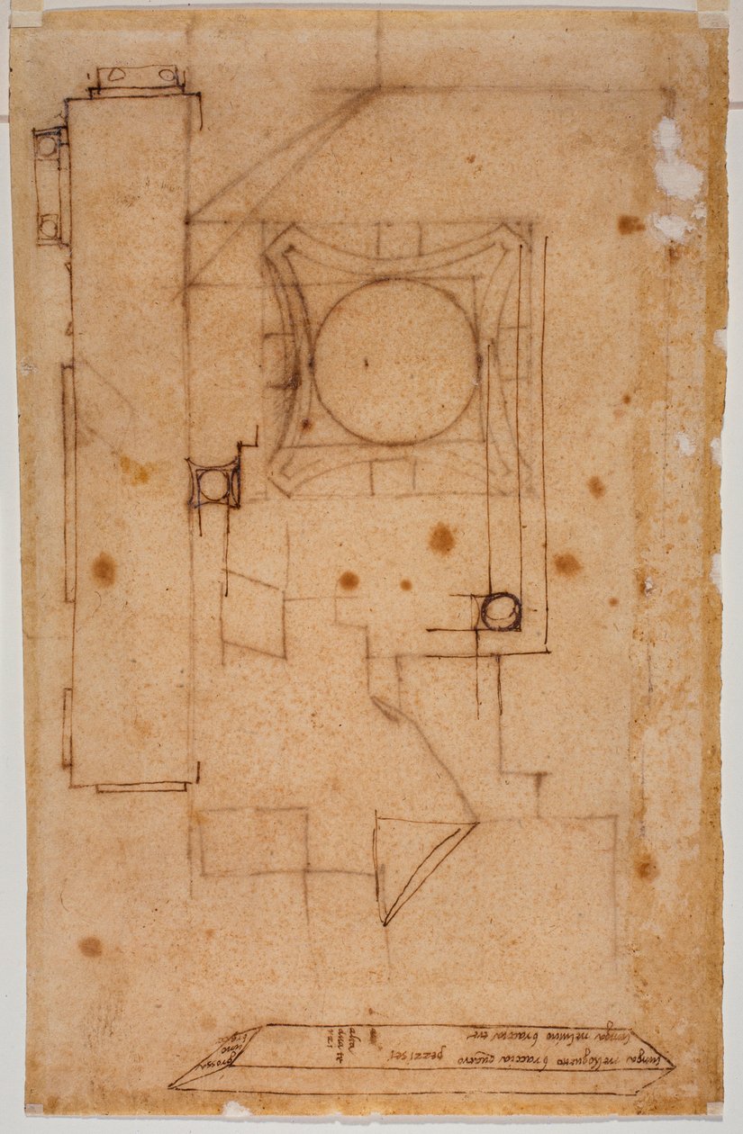 Section of capital, facade plan and sketches with autograph notations of measurements by Michelangelo Buonarroti