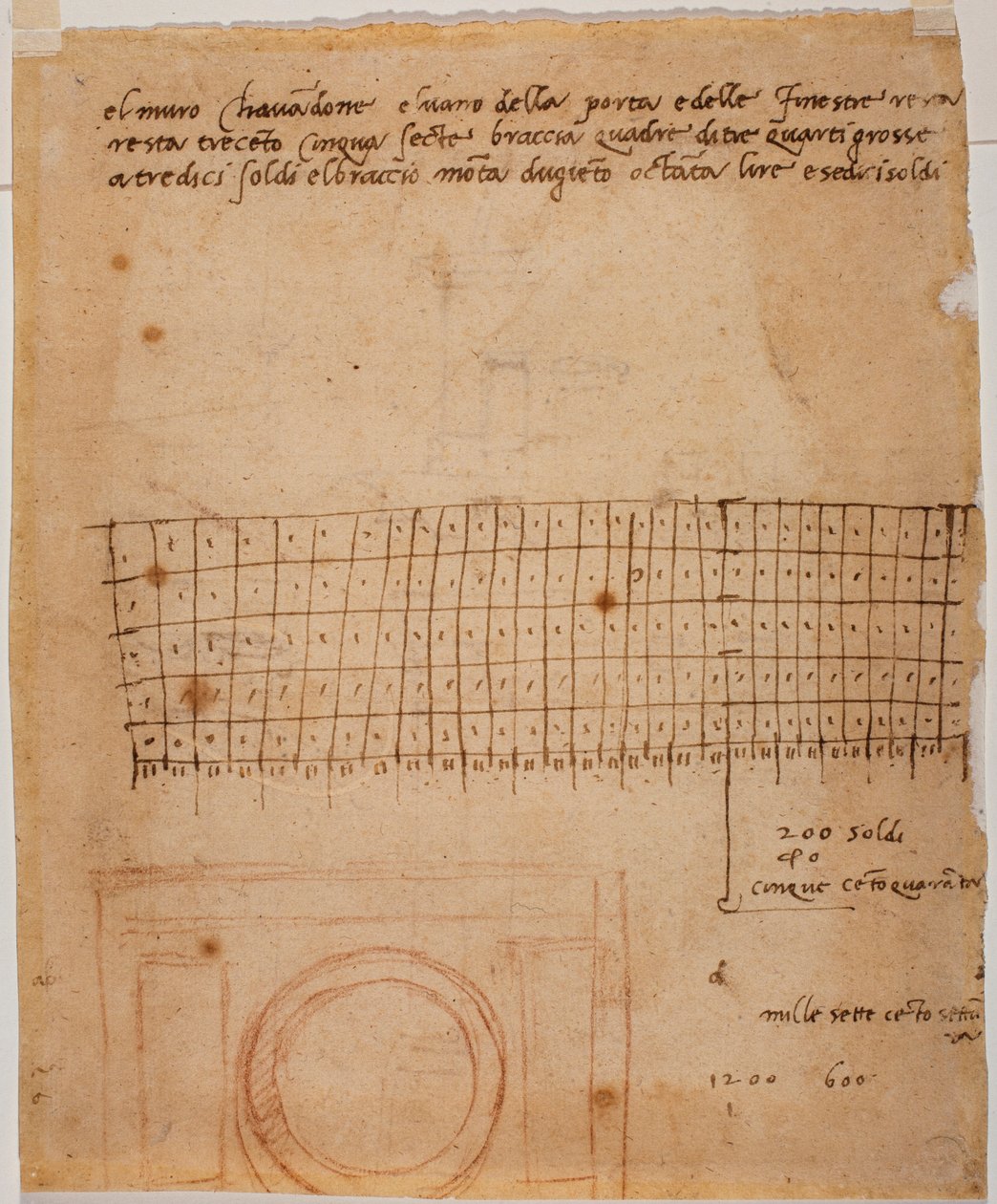 Sketch for a Window, Autograph Annotations and Graphic Calculation by Michelangelo Buonarroti