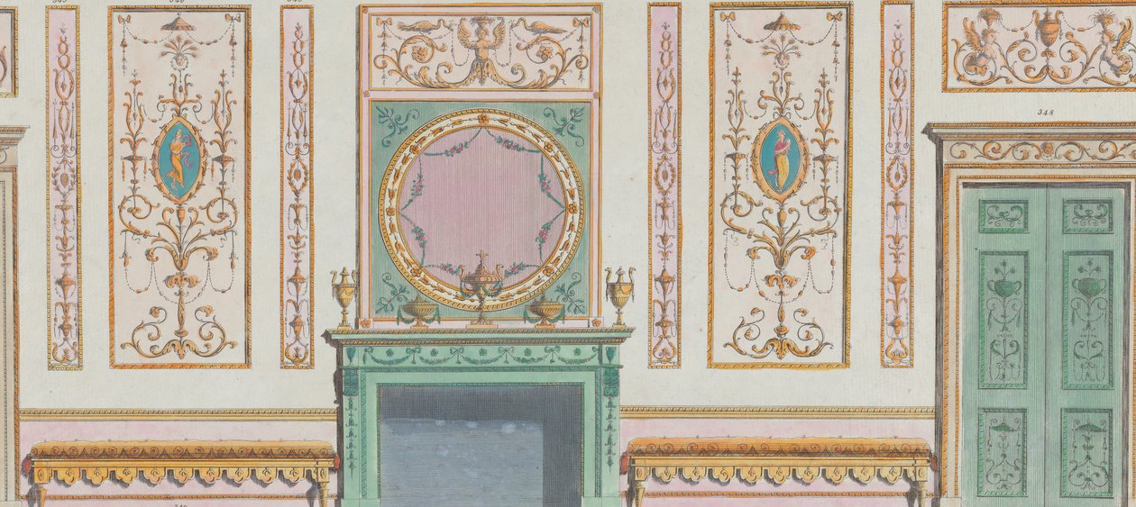 Interior Ornamented Wall with Doors and Fireplace, nos. 344-350, March 20, 1785 by Michelangelo Pergolesi