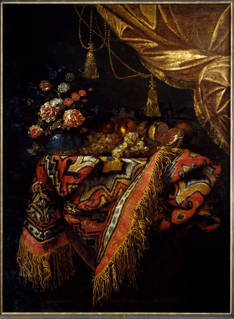 Still Life with Fruits and Flowers on a Tablecloth by Michele Pace del Campidoglio
