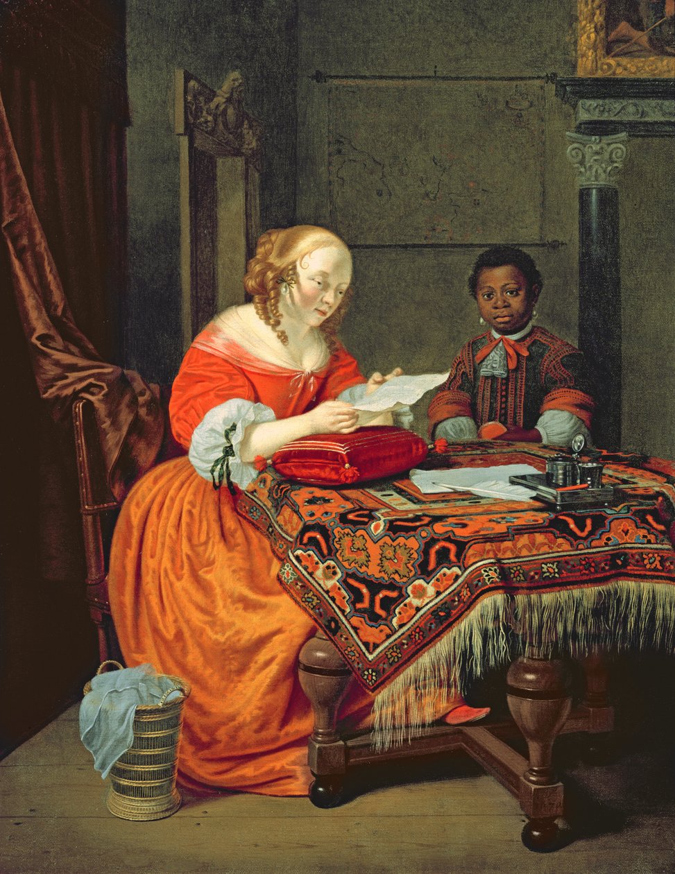 A Woman Reading a Letter with a Black in Attendance, 1670 by Michiel van Musscher