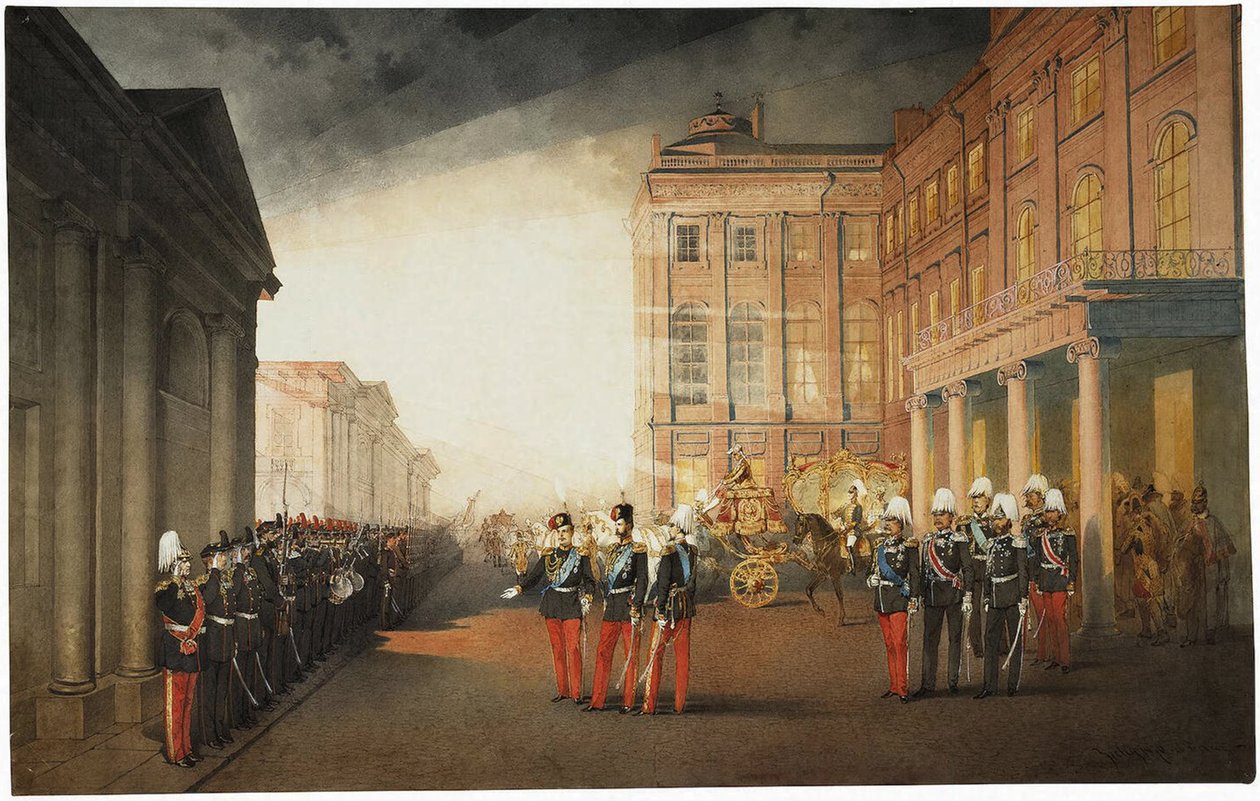 Parade in front of the Anichkov Palace on 26 February 1870 by Mihaly von Zichy