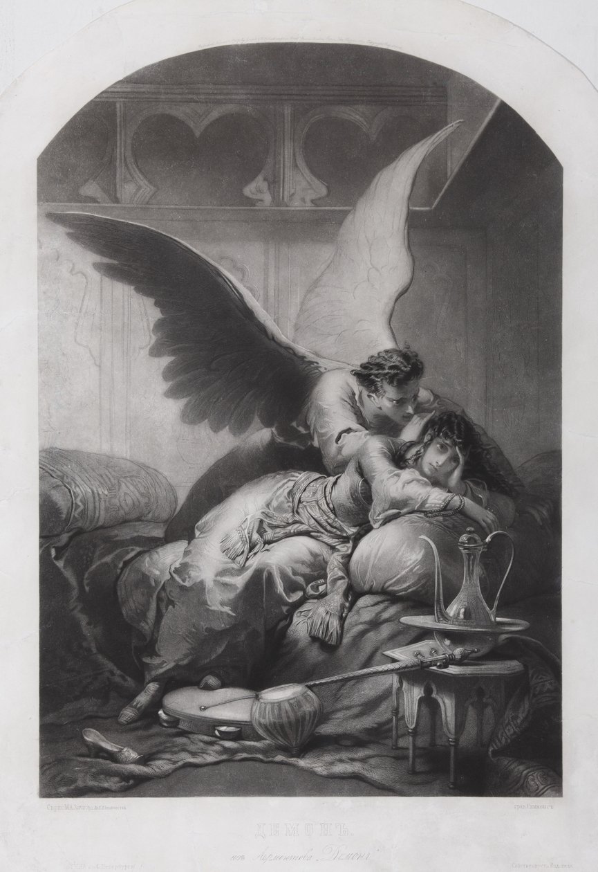 Tamara and Demon. Illustration to the Poem The Demon by Mikhail Lermontov, c. 1880 by Mihaly von Zichy