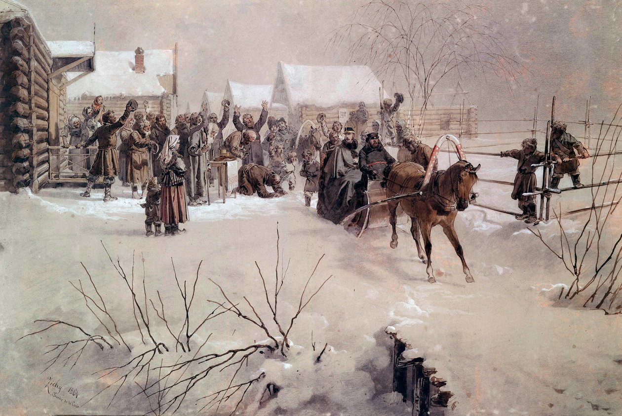 Tsar Alexander II (1818-1881) in a sleigh crosses a village under snow by Mihaly von Zichy