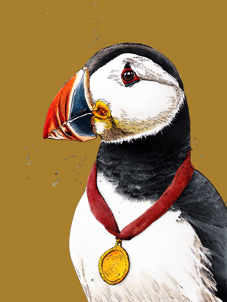 Congrats Puffin on Golden Yellow, 2020 by Mike Davis