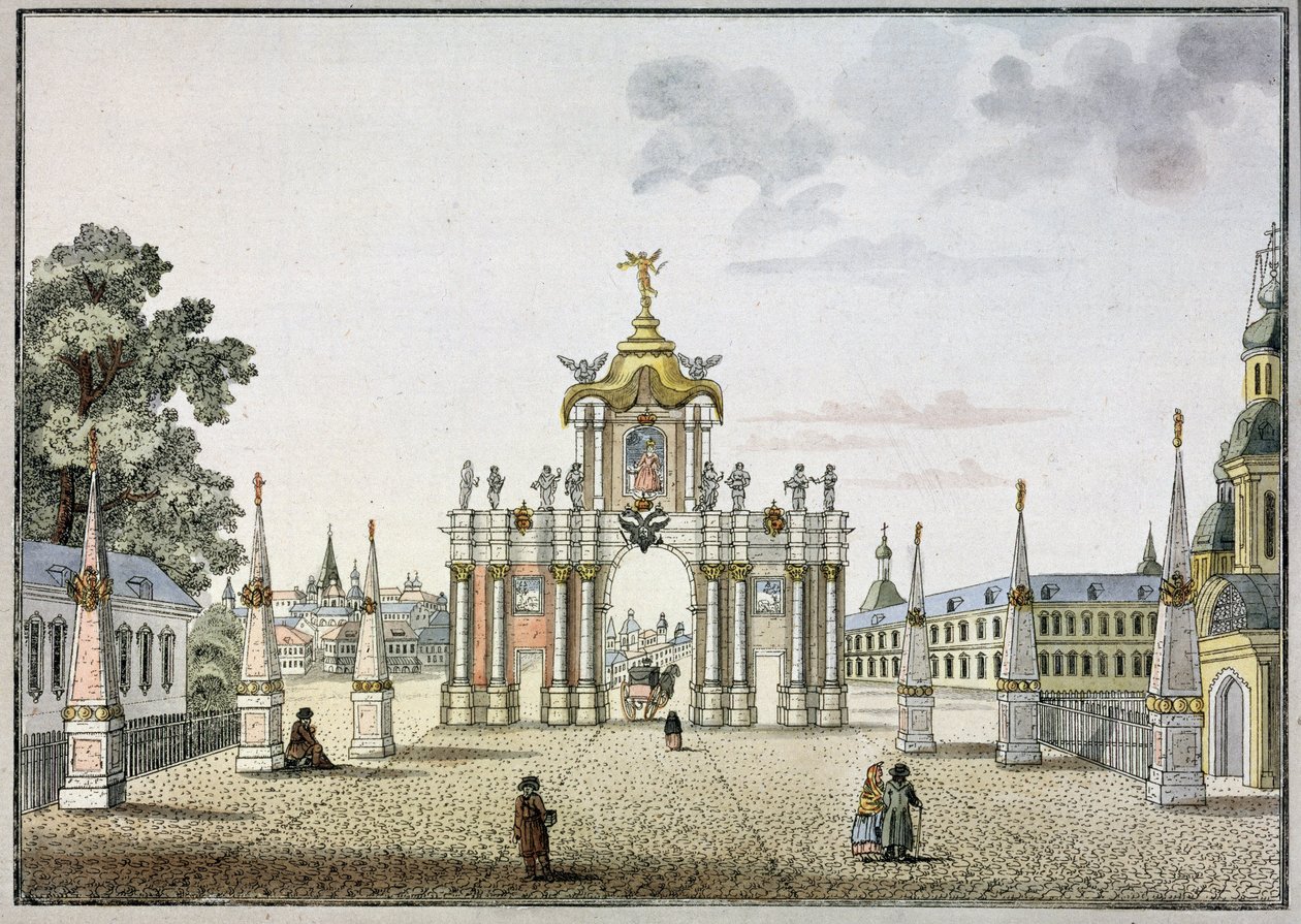 The Red Gates in Moscow. Baroque triumphal arch, built in the 18th century, demolished in 1928. Work by Mikhail Ivanovich Makhaev, watercolor and ink on paper, circa 1790. Russian art by Mikhail Ivanovich (after) Makhaev