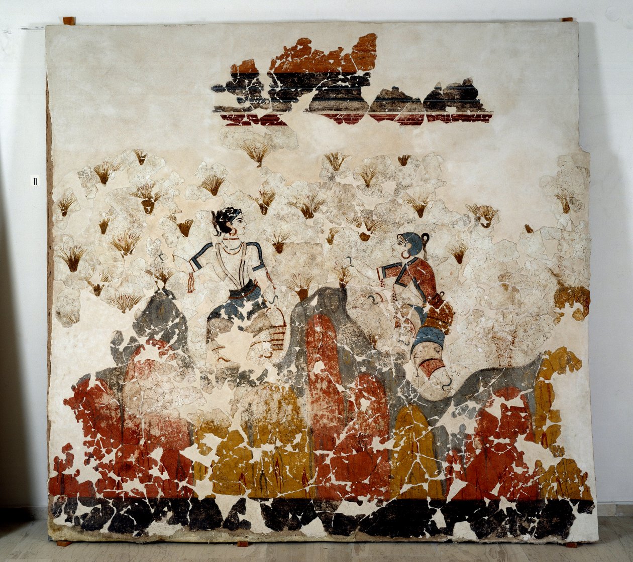 Minoan civilization: women picking saffron. Fresco from the lustral basin of Xeste 3 in Akrotiri (Thera), Santorini. 16th century BC. Santorini, Collection of the frescoes of Akrotiri a Thera by Minoan