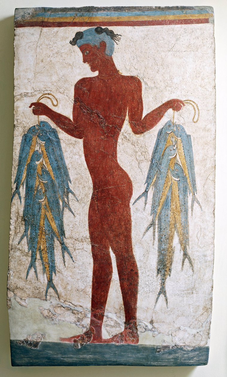 Greek Civilization, Fresco Depicting Fisherman, from Akrotiri, Thera, Santorini, Greece by Minoan