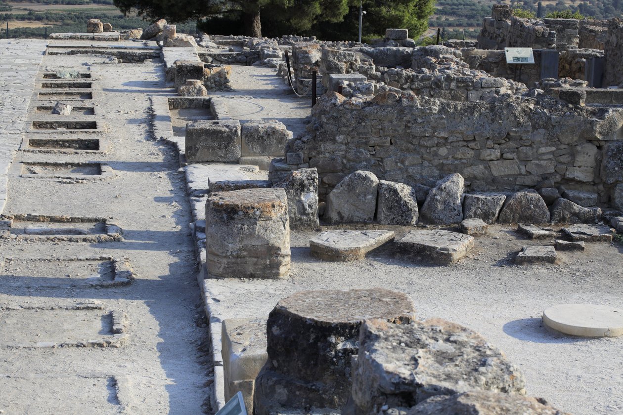 Minoan archaeological site of Phaistos. General view of the west wing shrines along the central court from the north wing. There were two types of shrine: 
