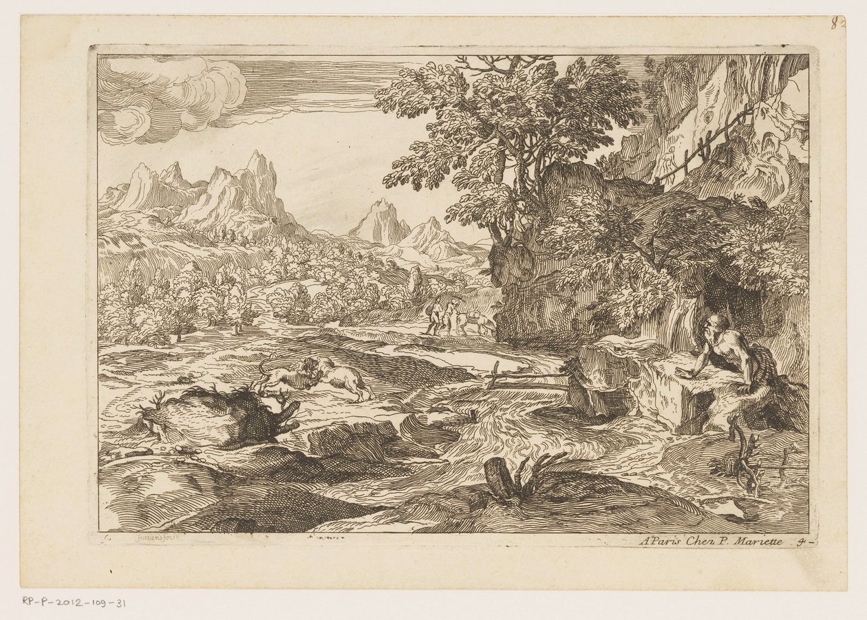 Landscape with Saint Jerome and Two Fighting Lions by Moise Jean Baptiste Fouard