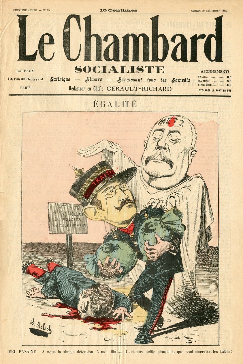 Titelblatt von „Le Chambard socialiste“, satirisch in Farben von Moloch