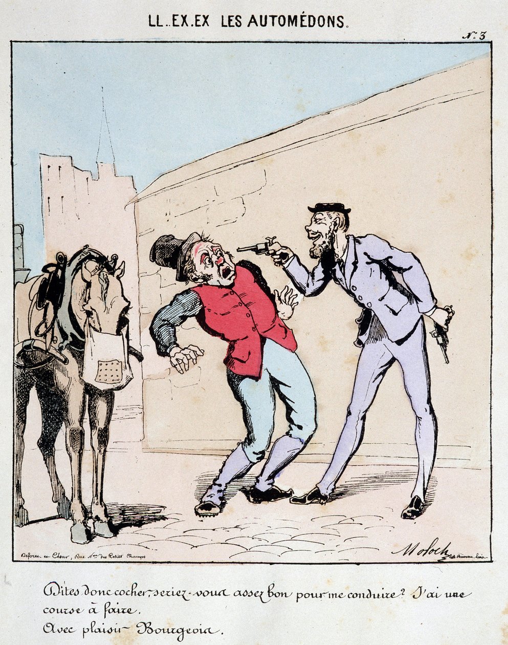 Cartoon of Transport in the City. A Bourgeois Politely Asks a Coachman to Drive Him While Threatening Him with Guns. Drawing by Moloch, around 1860 by Moloch