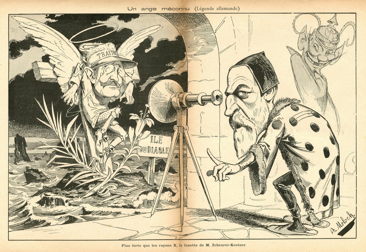 The Image for Laughter, number 4, circa 1897 - Illustration by Alphonse Hector Columbus, known as B. Moloch or Moloch: An unknown angel - Dreyfus affair, Devil Island - Dreyfus Alfred, Scherer-Kestner Auguste by Moloch