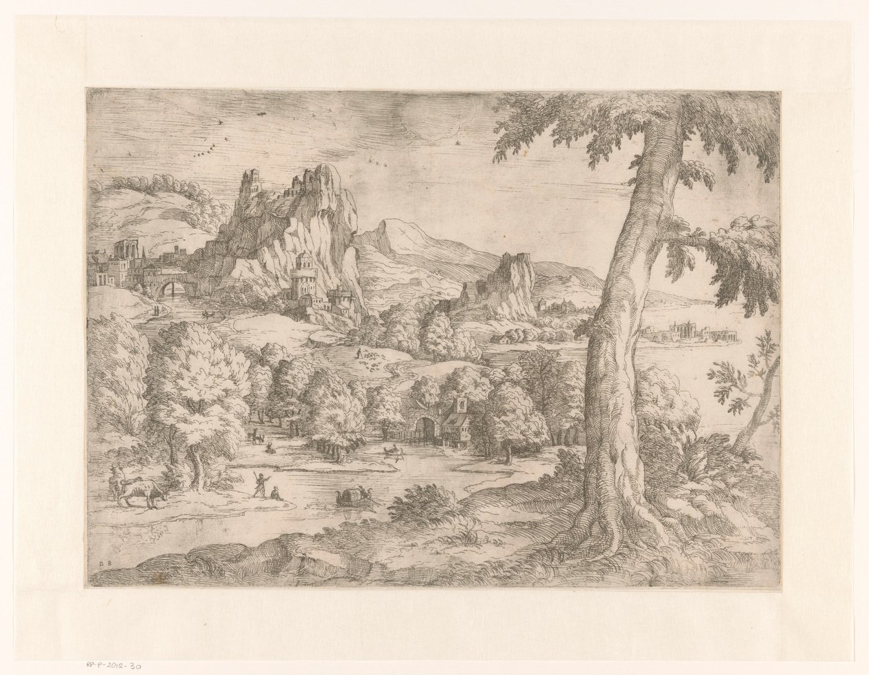 Panoramic Landscape with Large Tree by Monogrammist DB (etser 16de eeuw)