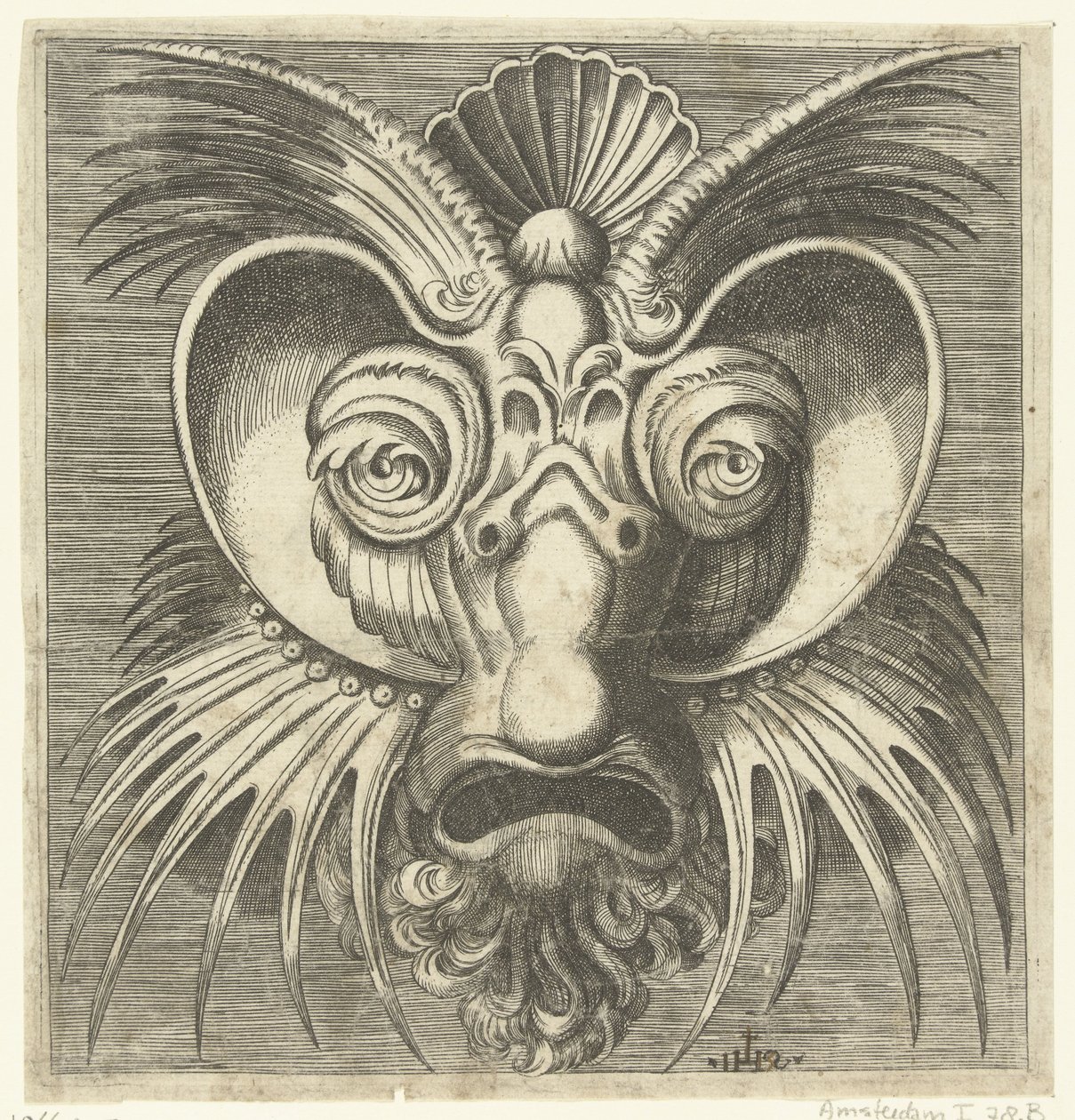 Mask with dishes around the eyes and pointed crests on the cheeks and forehead (series title: Book of Various Masks) by Monogrammist IHS