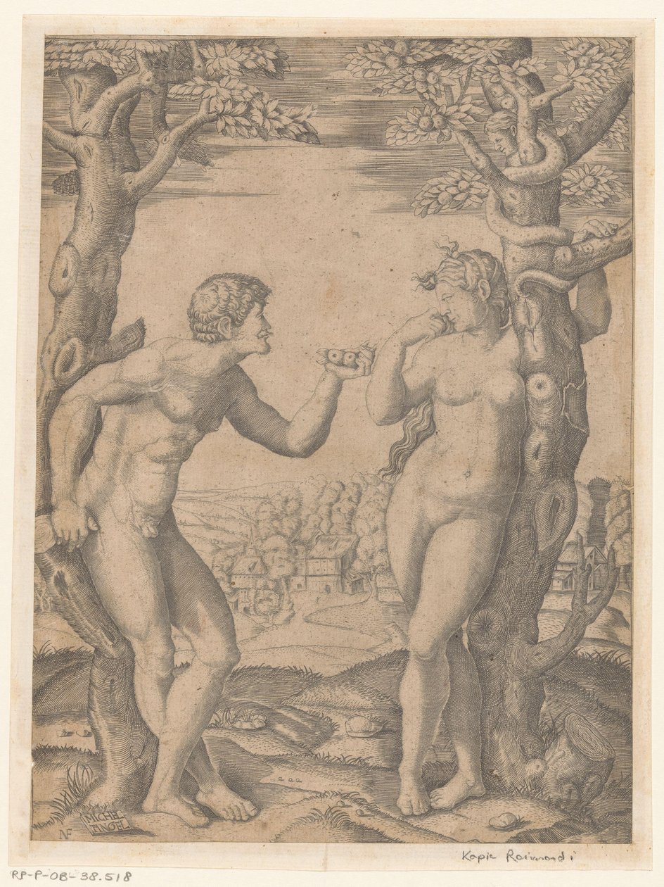 The Fall of Adam and Eve at the Tree of Knowledge of Good and Evil with Serpent by Monogrammist NF (graveur)