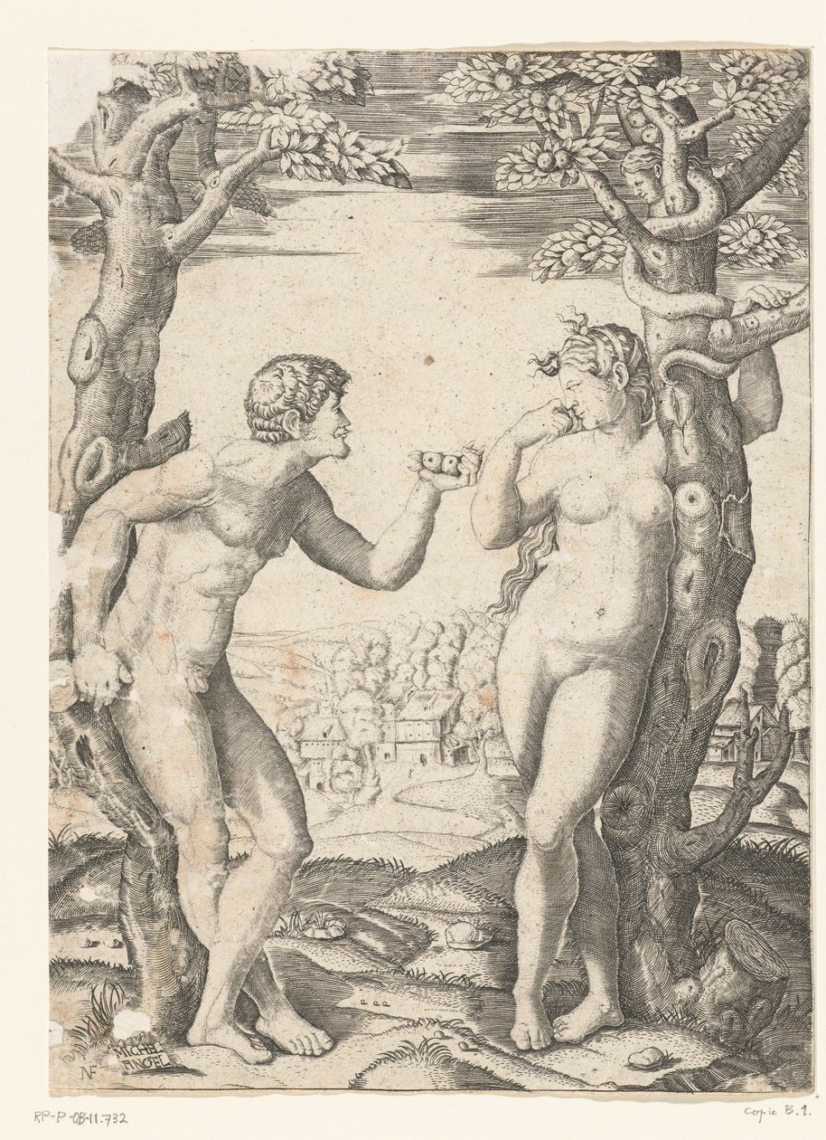 The Fall of Adam and Eve at the Tree of Knowledge of Good and Evil with Serpent by Monogrammist NF (graveur)