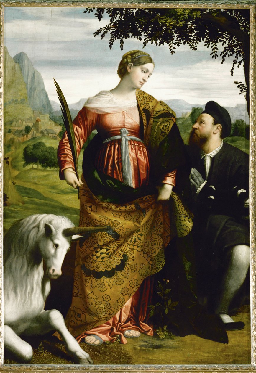 Saint Justine Adored by a Donor, a Unicorn on the Right Side by Moretto da Brescia