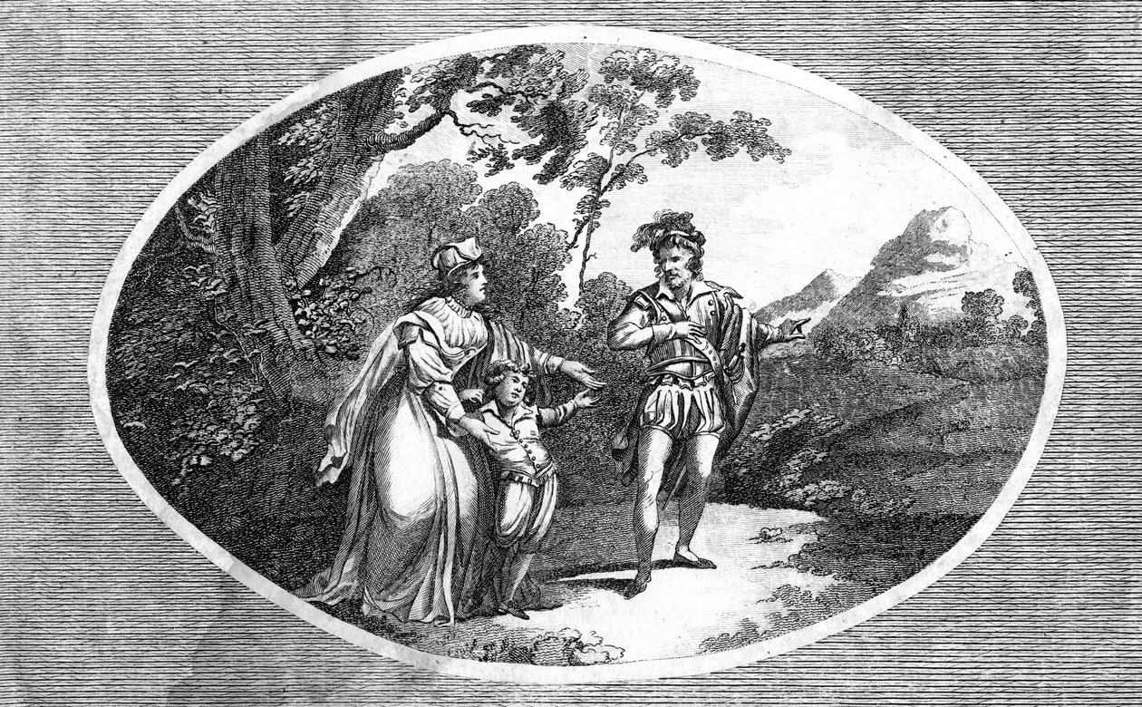 Queen Margaret presenting her son to a robber for protection by Morris