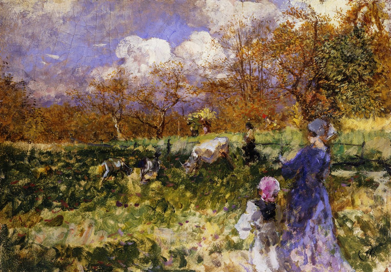 In the Meadow; Women and Children Driving Goats by Mose Bianchi