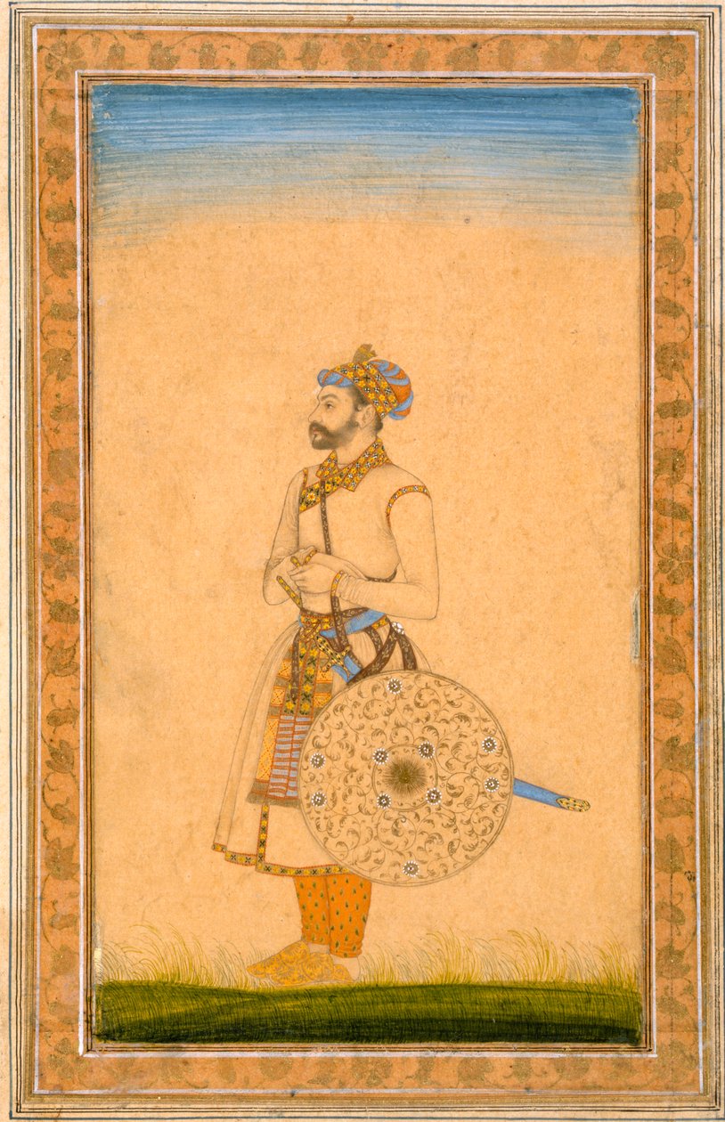 An Officer, Standing, with Sword and Shield, from the Small Clive Album by Mughal School