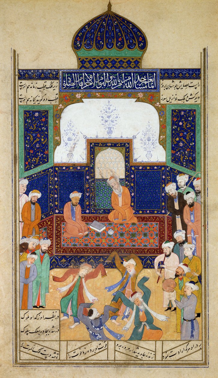 Dervishes Dancing to Music Before their Shaik and a Disciple, from the Khamsah of Prince Khusrau, Matla al-Anvar, 1485 (890 Hijra) by Mughal School