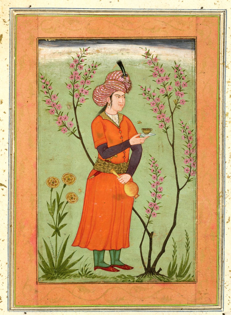 Iranian princely figure holding a cup and flask, c.1640, from the Large Clive Album by Mughal School