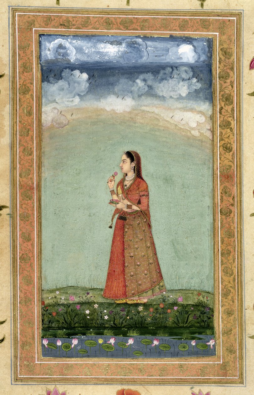 Lady holding a bowl of roses, from the Small Clive Album by Mughal School