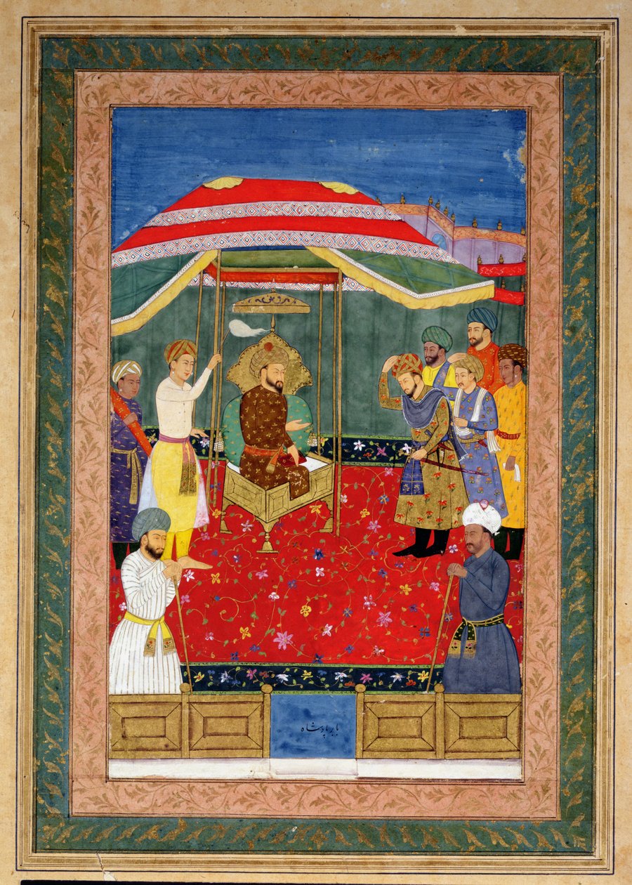 The Mughal Emperor Babur (1526-30) sitting on a throne receiving a prince, Johnson Album I, no.3 numbered 65 by Mughal School