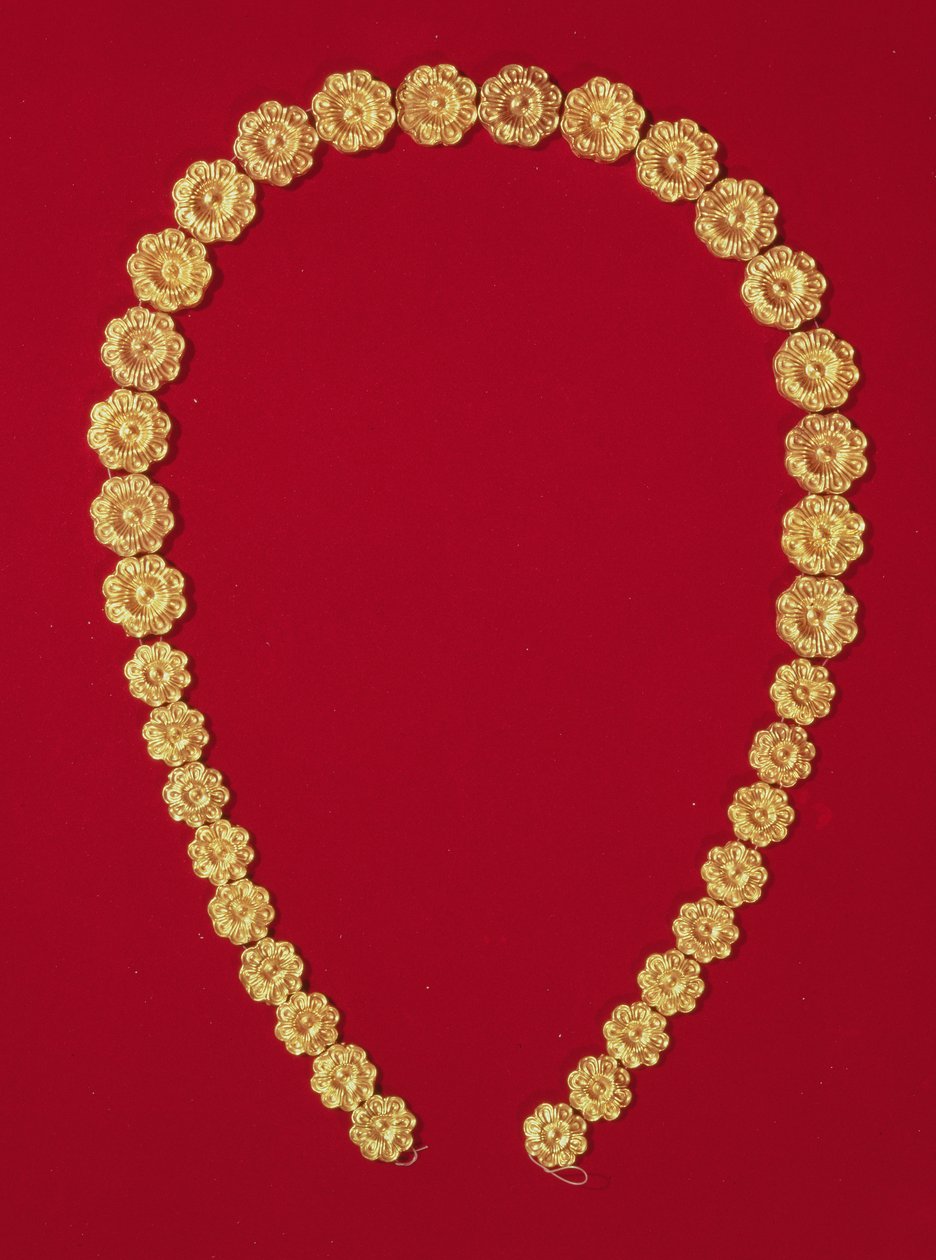 Necklace of rosette shaped relief beads, from the Tholos Tomb at Dendra, c.1400 BC by Mycenaean