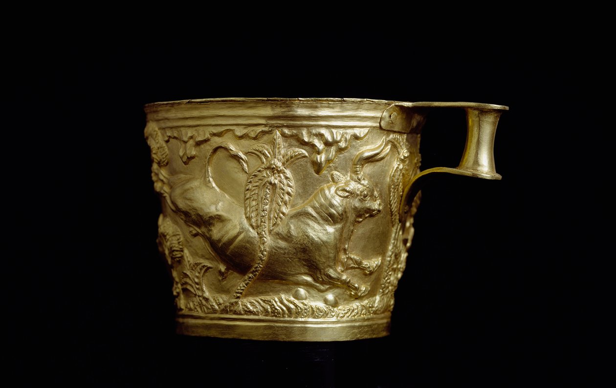 Gold cup decorated with a bull relief from Vaphio by Mycenaean