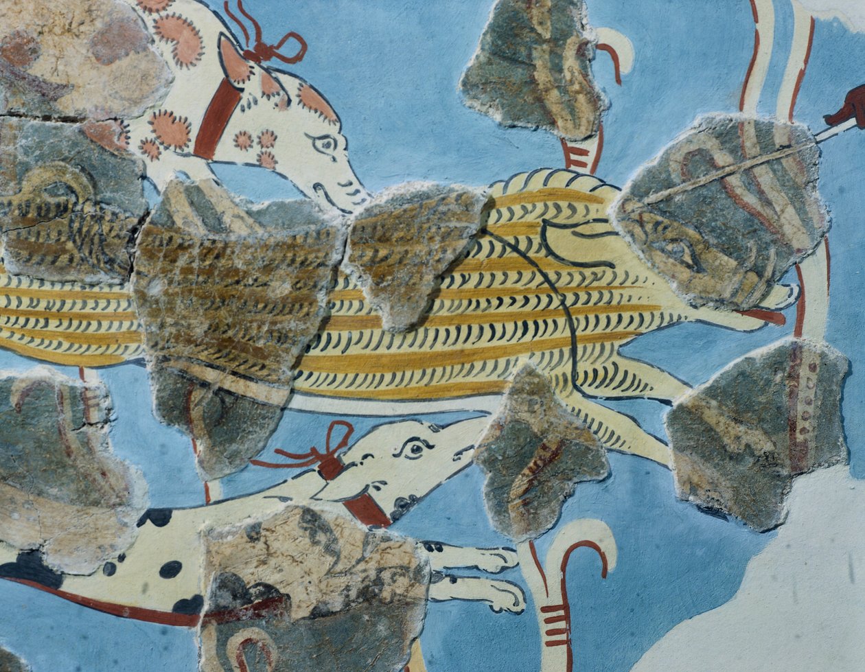 Fresco from Tirinto Palace (Greece). Detail: Group of Dogs Attacking a Wild Boar. Mycenaean Civilization by Mycenean