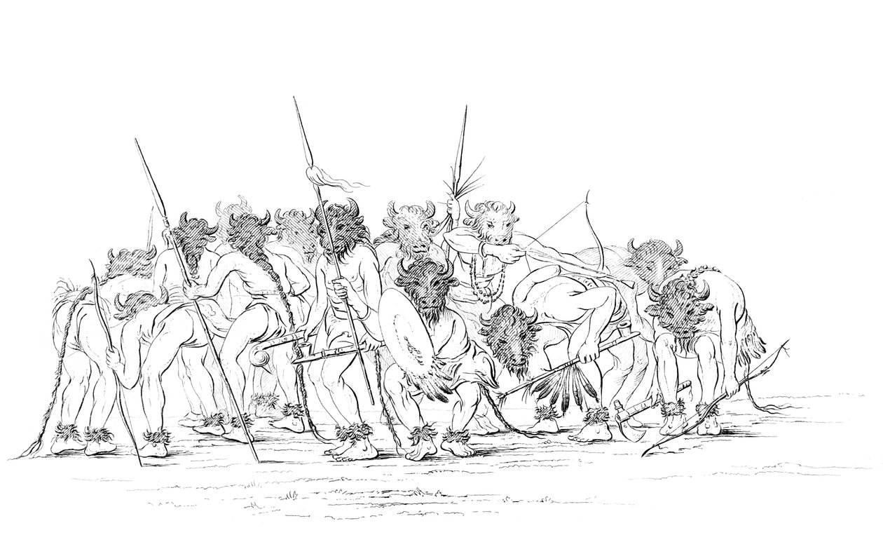 Native American hunters dancing wearing buffalo masks by Myers and Co