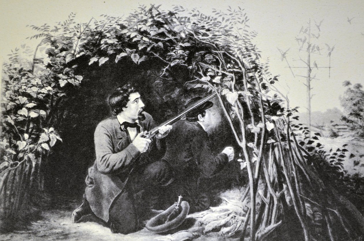 Currier & Ives Illustration 19th Century. Pigeon Shooting, Playing the Decoy by N. and Ives, J.M. Currier