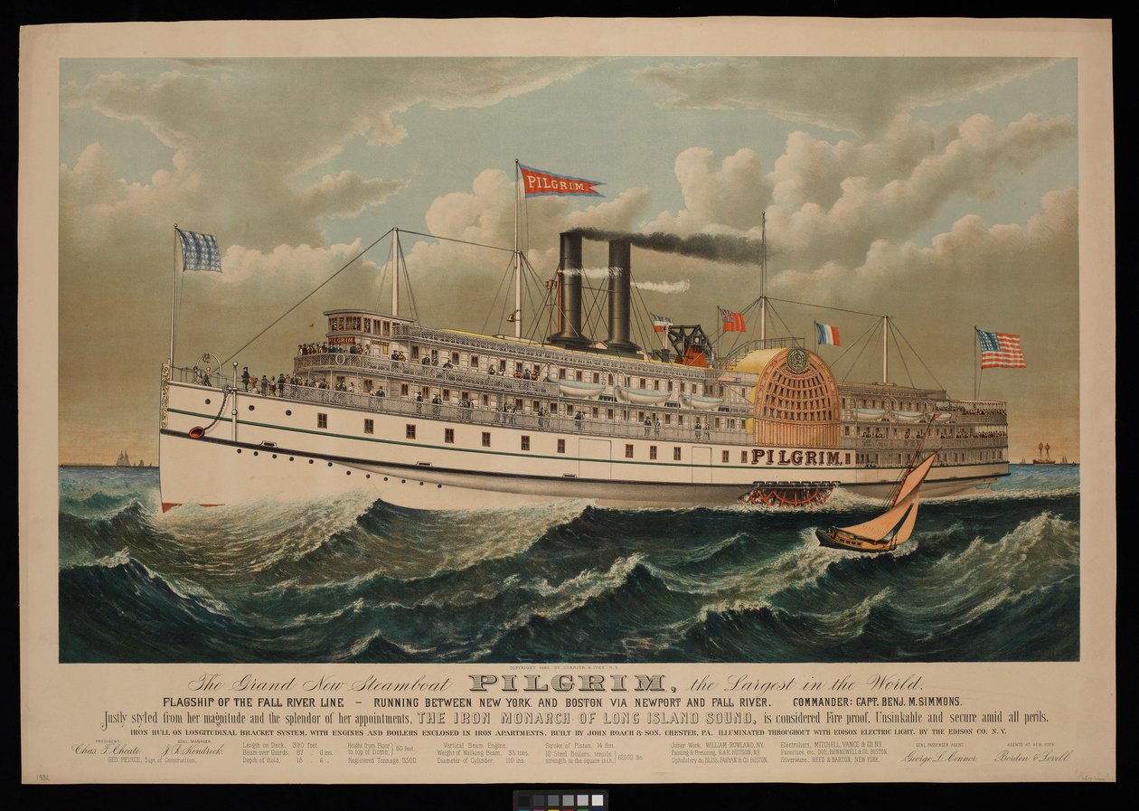 The Grand New Steamboat Pilgrim, the Largest in the World. Flagship of the Fall River Line - running between New York and Boston via Newport and Fall River by N. and Ives J.M. (1824 95) Currier