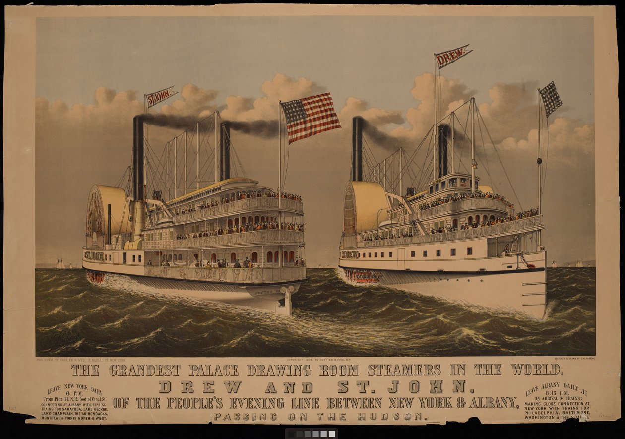 The Grandest Palace Drawing Room Steamers in the World, Drew and St John of the Peoples Evening Line between New York & Albany by N. and Ives J.M. (1824 95) Currier