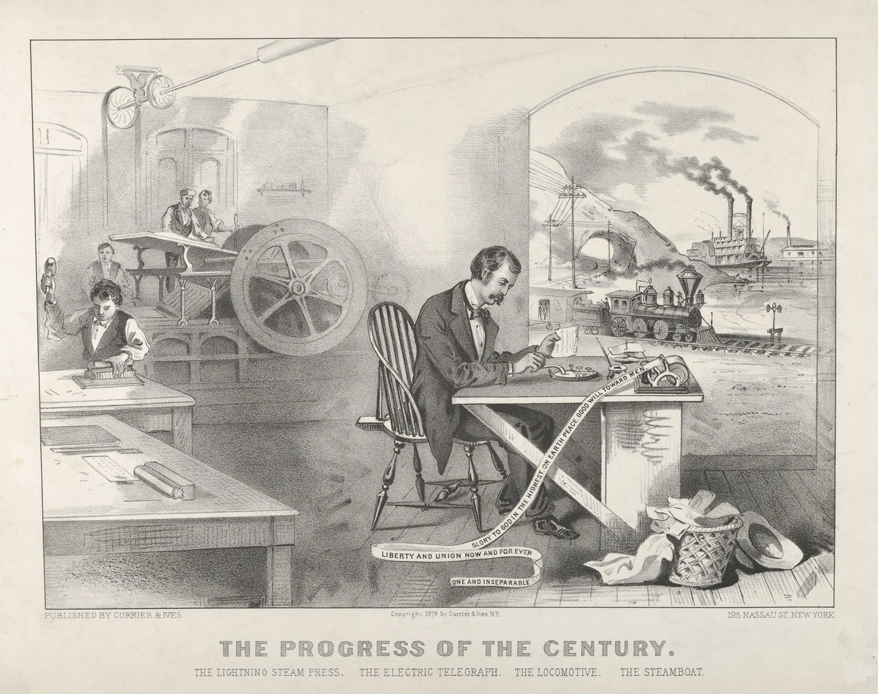 The Progress of the Century: The Lightning Steam Press, The Electric Telegraph, The Locomotive, The Steamboat by Currier and Ives