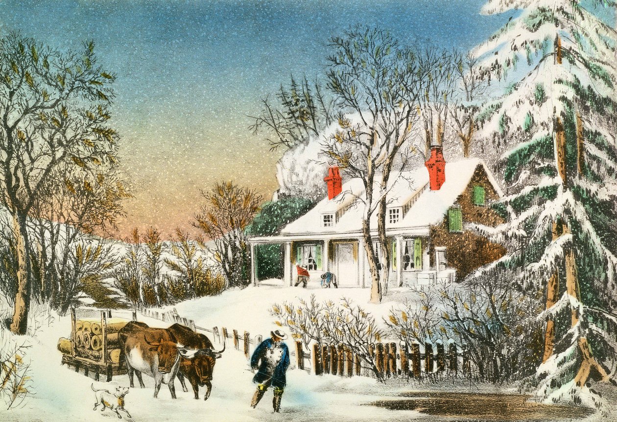 Bringing Home the Logs, Winter Landscape by N. and Ives, J.M. Currier