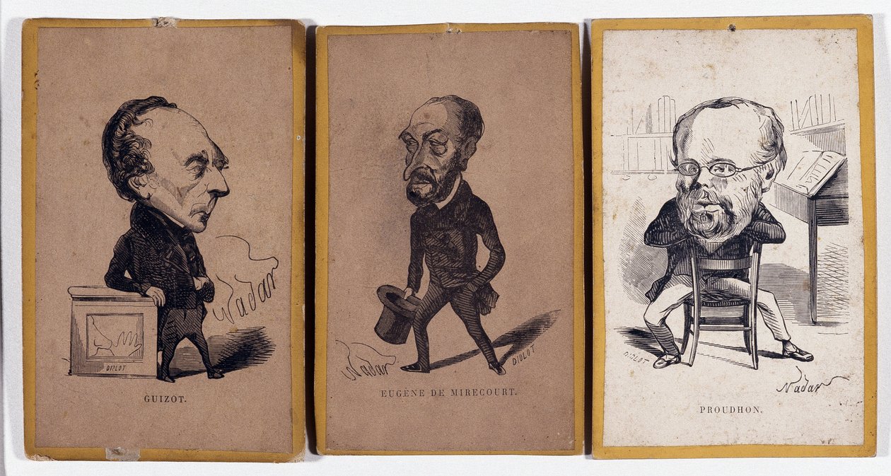 3 Portraits-charge: Francois Pierre Guillaume Guizot, Charles Jean-Baptiste Jacquot dit Eugene de Mirecourt, and Pierre-Joseph Proudhon by Nadar