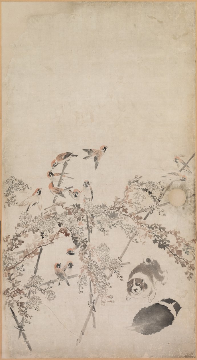 Puppies, Sparrows and Chrysanthemums by Nagasawa Rosetsu