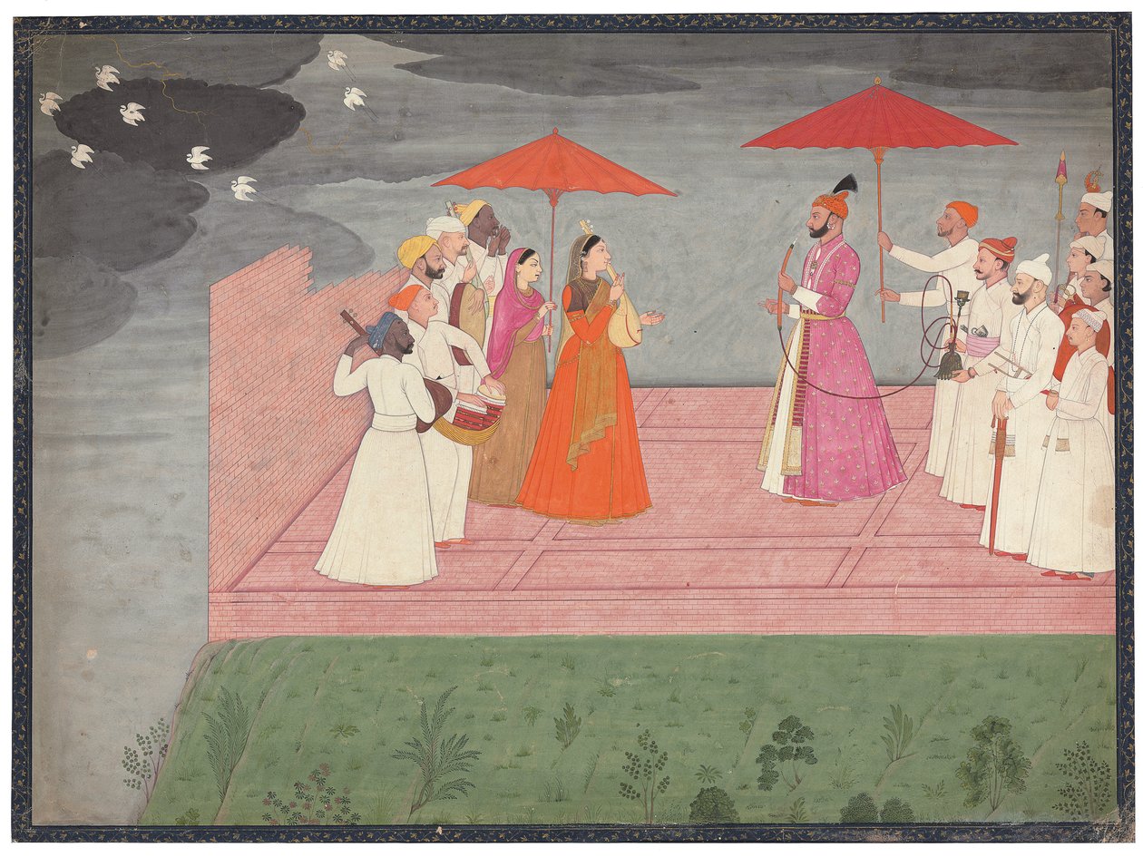 Musicians playing a raga for Balwant Dev Singh during the rainy season by Nainsukh