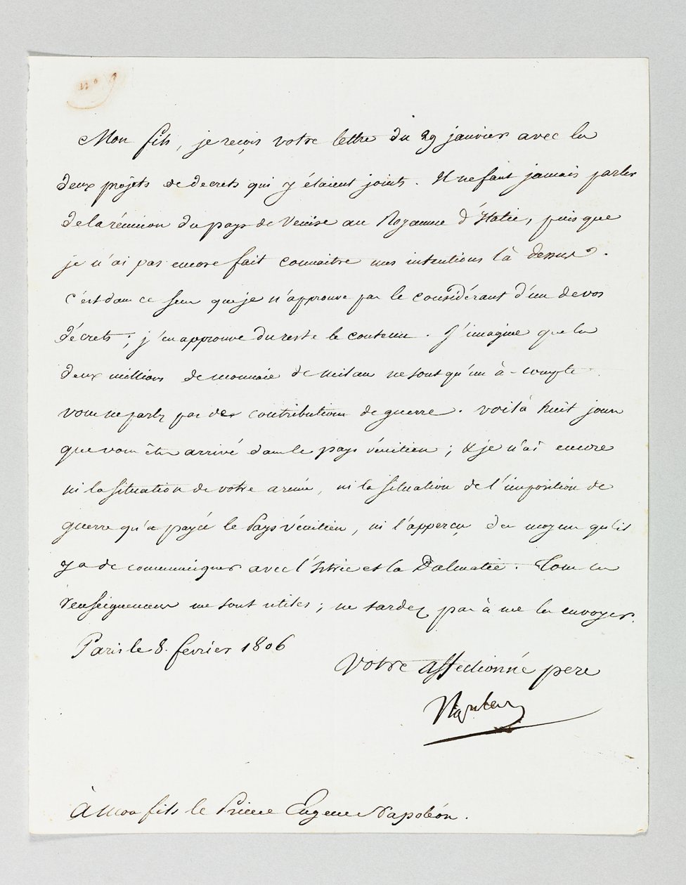 Signed letter from Napoleon to his stepson, Prince Eugène de Beauharnais Napoleon by Napoleon Bonaparte
