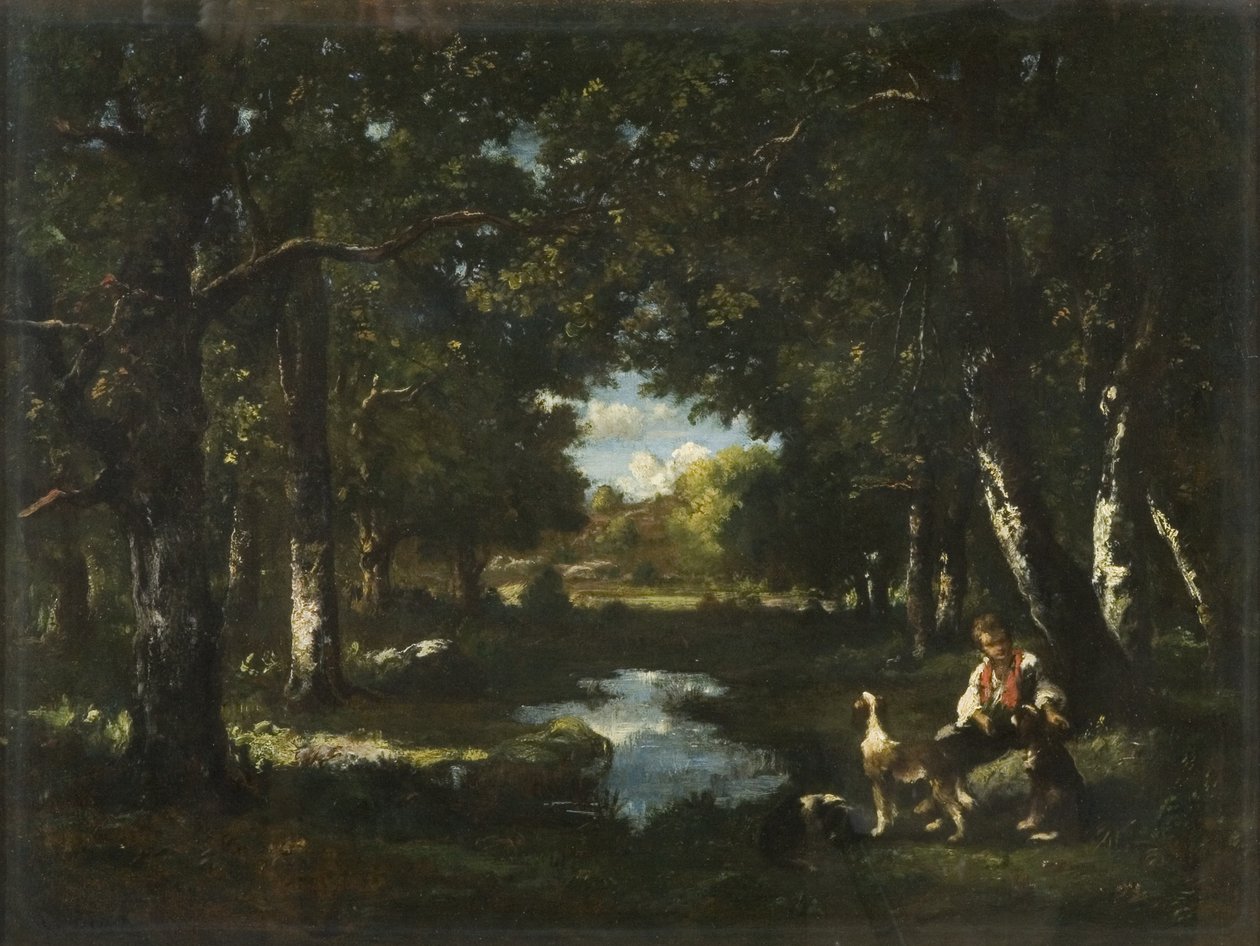 Man and Dog Resting in Forest Glade by Narcisse Virgile Diaz de la Peña