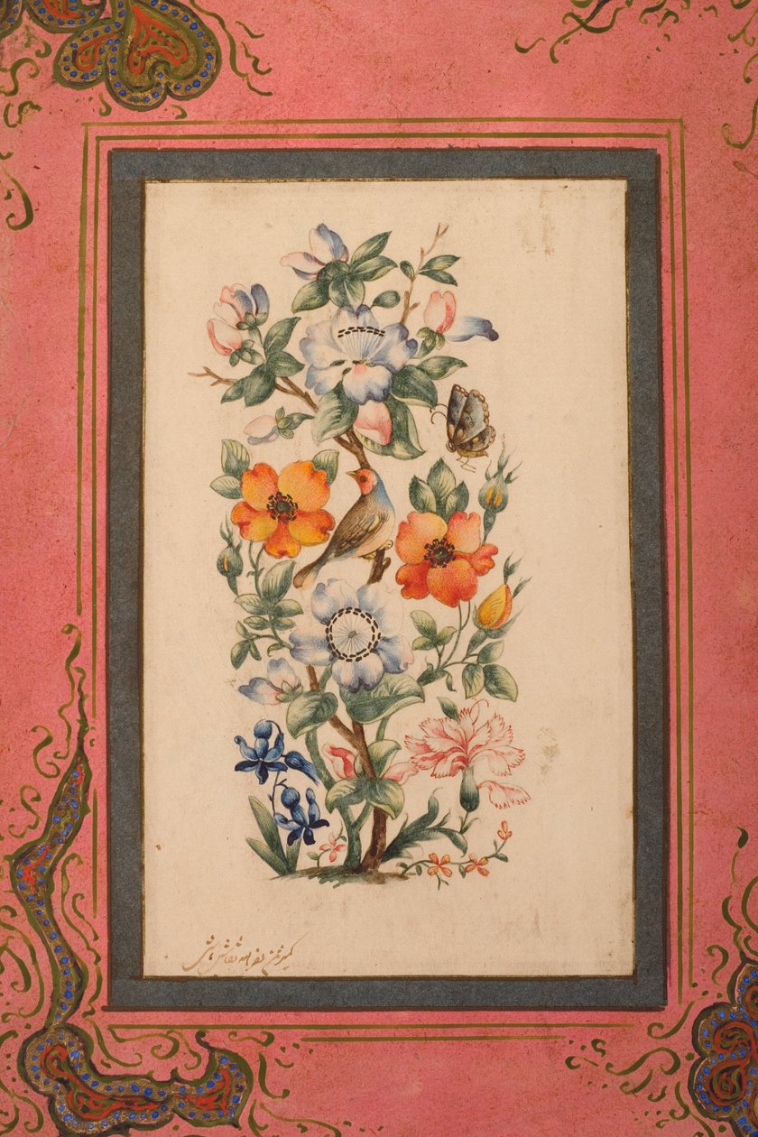 A Stalk of Flowers with a Bird and a Butterfly by Nasr Allah al Husayni al Imami