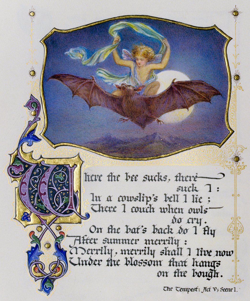 Illuminated page from a book of Shakespeare sonnets depicts a scene from The Tempest by Nathan Benn