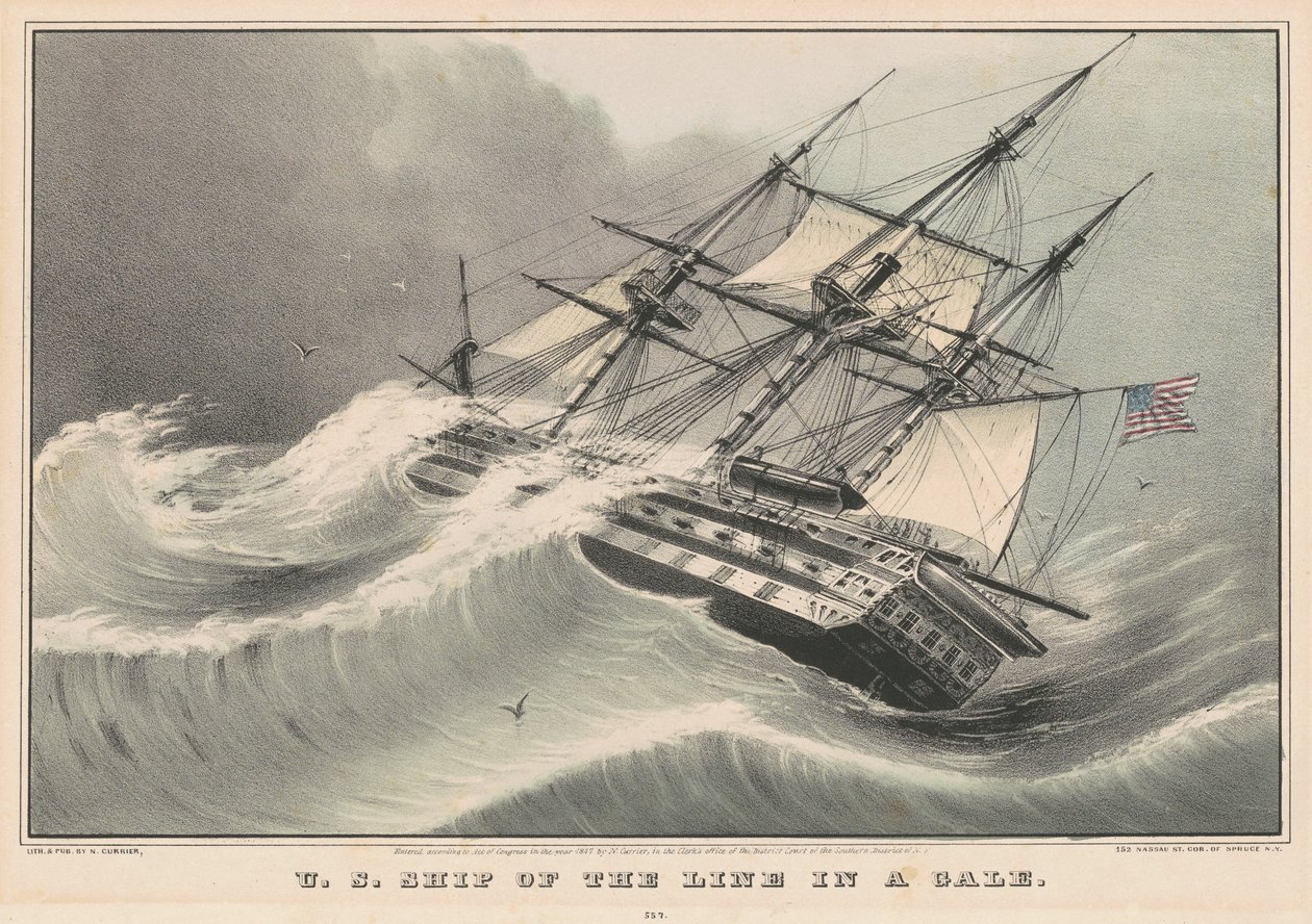 U.S. Ship of the Line in a Gale by Nathaniel Currier
