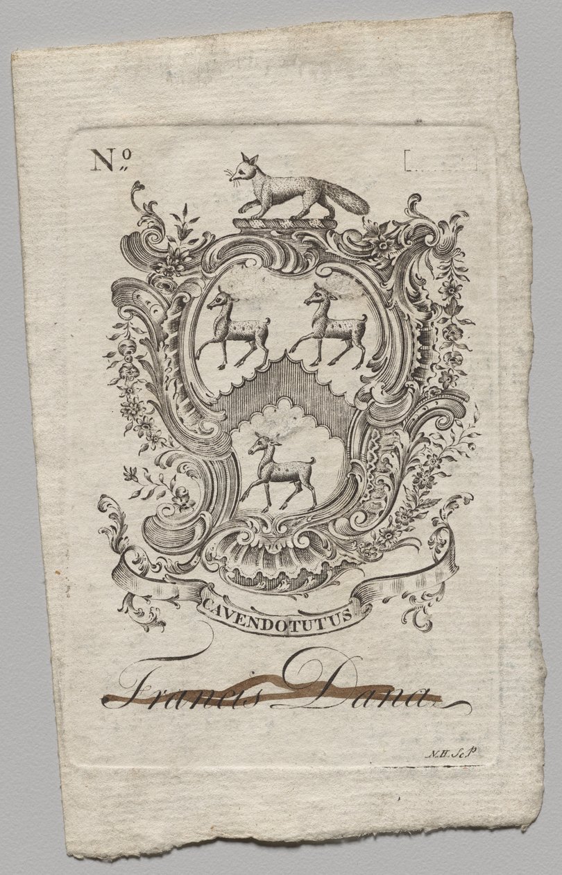 Bookplate: Coat of Arms with Francis Dana inscribed by Nathaniel Hurd