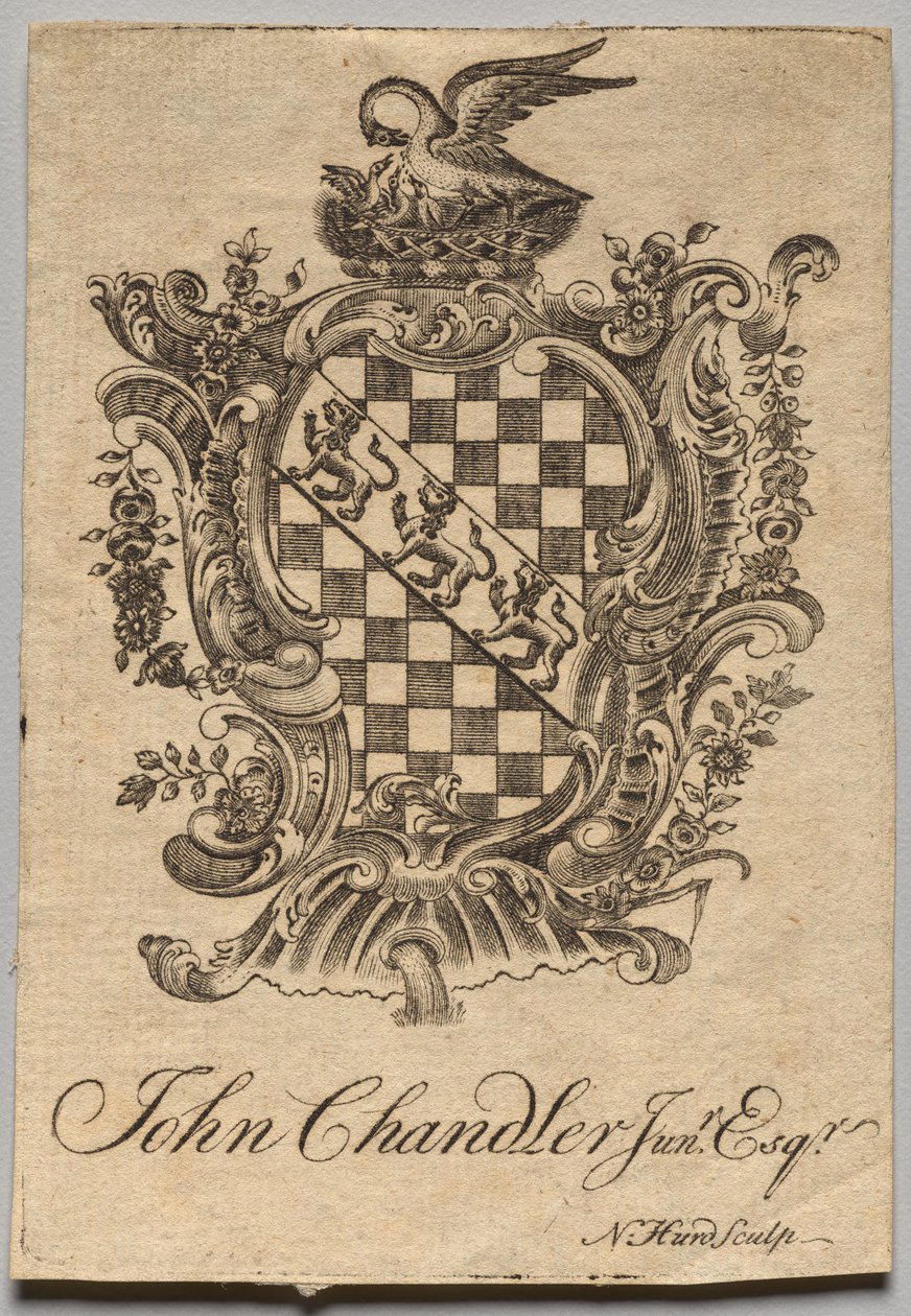 Bookplate: Coat of Arms with John Chandler Jun.r, Esq. inscribed by Nathaniel Hurd