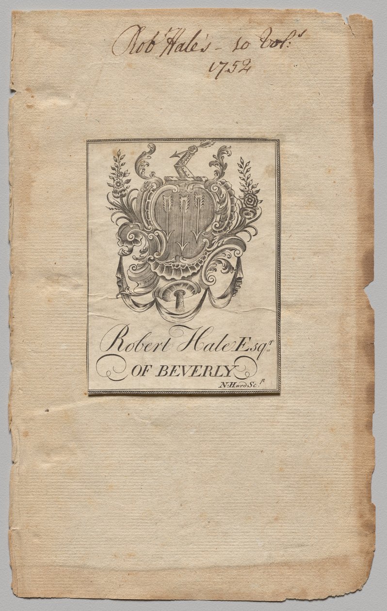 Bookplate: Coat of Arms with Robert Hale, Esq. inscribed by Nathaniel Hurd