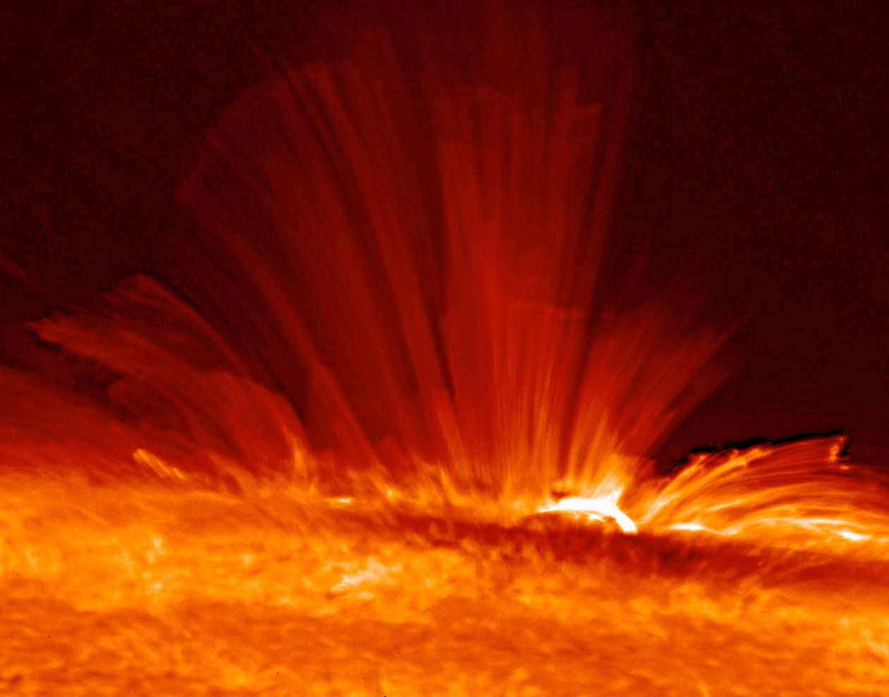 Sunspot with streamers of super-hot, electrically charged gas (plasma) arc from the surface of the Sun, revealing the structure of the solar magnetic field by National Aeronautics and Space Administration National Aeronautics and Space Administration